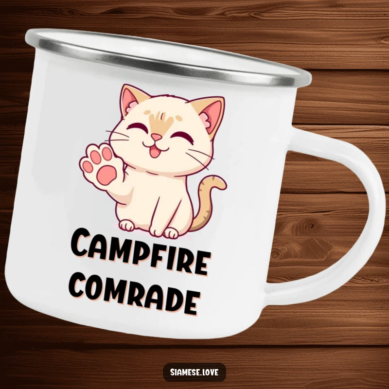 Funny Kawaii Siamese cat offering a friendly paw with a sweet smile on a durable camping mug for outdoor fun.