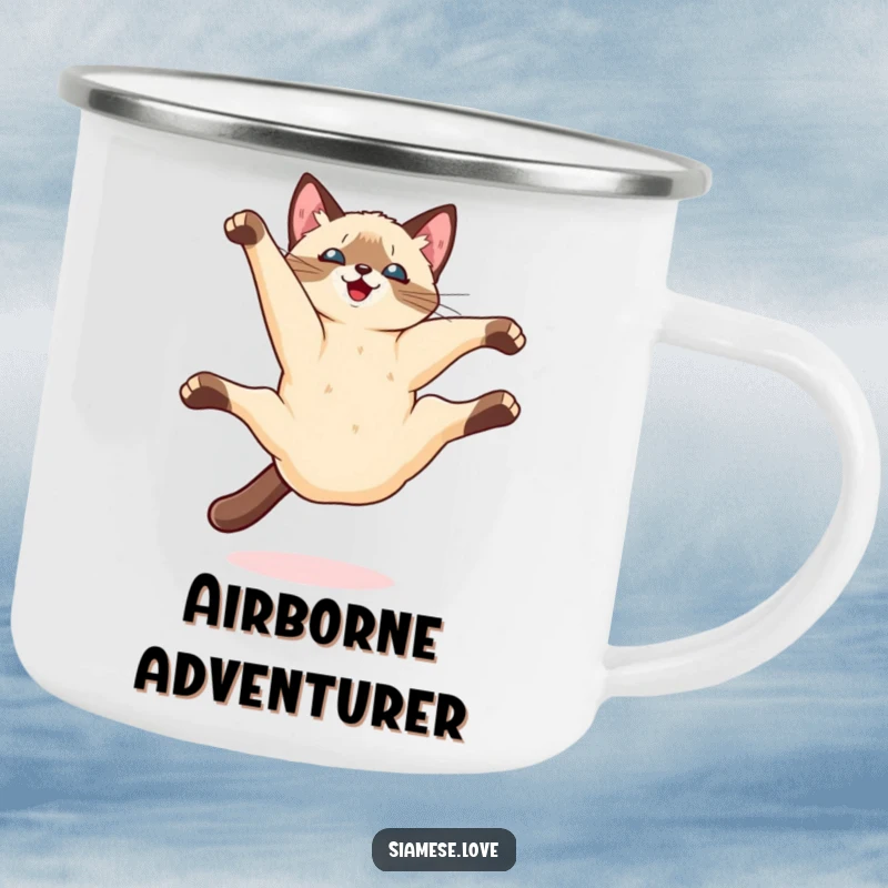Funny Kawaii Siamese cat doing a playful somersault mid-air on a durable camping mug, ready for adventures.