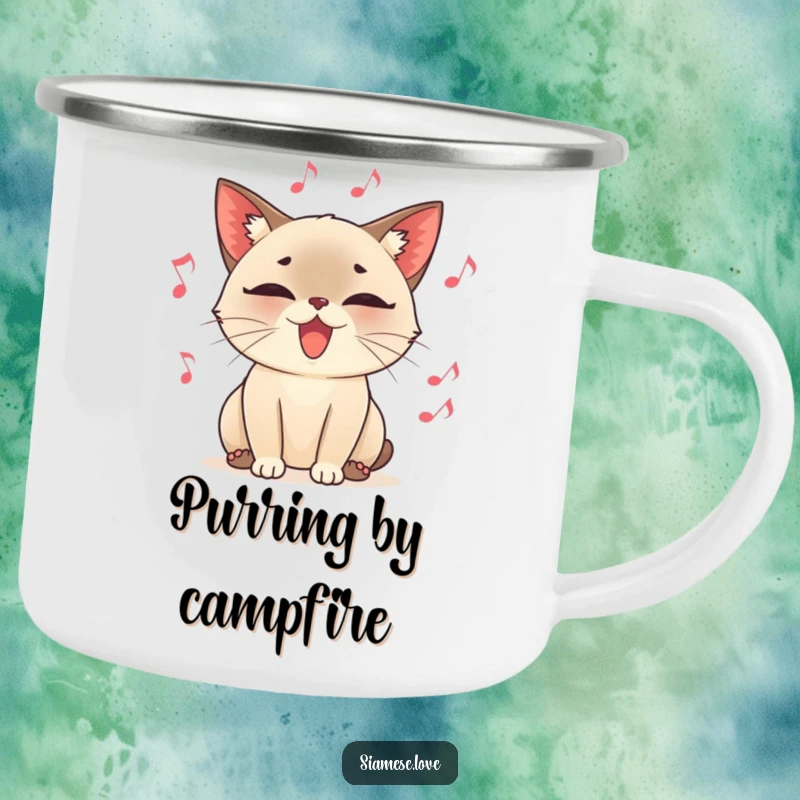 Funny enamel camping mug, a content Siamese cat character purring loudly, surrounded by floating musical notes, for serene outdoor enjoyment.