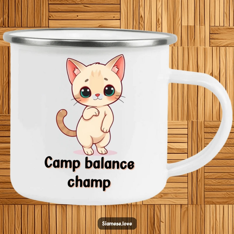 Funny Siamese Cat Camping Mug: A Siamese cat character balances on hind legs with tail high, perfect for outdoor humor.