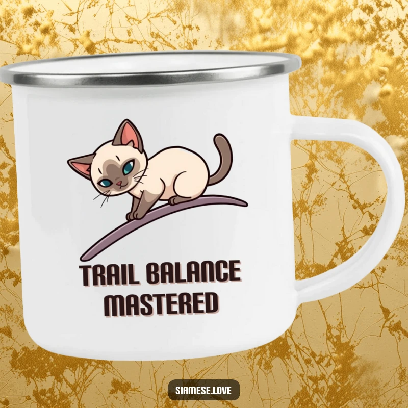 Funny camping mug with a sleek Siamese cat elegantly balancing on a narrow, curving surface, perfect for outdoor humor and elegance.