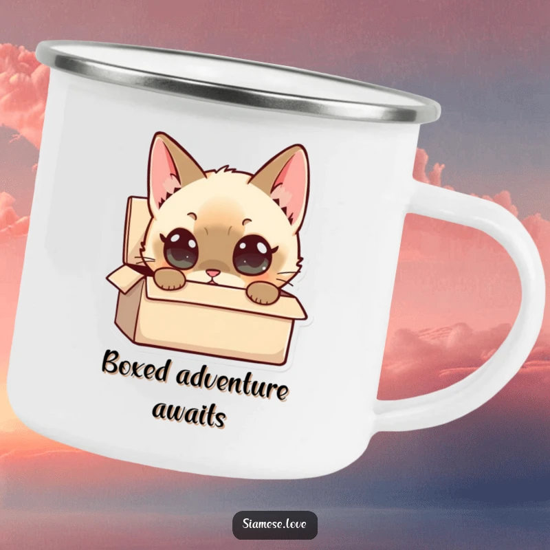 Funny Siamese Cat Camping Mug: A curious Siamese cat character peers into a small box, perfect for outdoor humor.