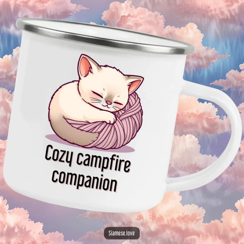 Funny Siamese cat camping mug, a content cat is curled up inside a ball of yarn, perfect for outdoor relaxation.