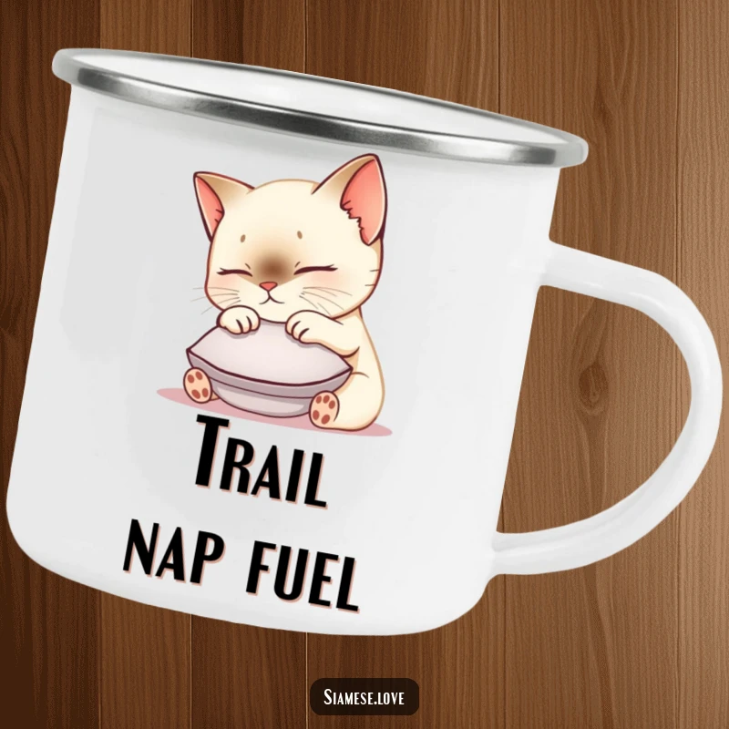 Funny Siamese cat camping mug featuring a cute kawaii kitty nuzzling a small cushion, durable for outdoor use and charming.