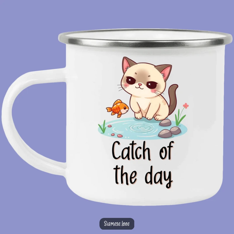 Funny Siamese Cat Camping Mug: Smug Fish Catcher Adventure, Outdoor Gift