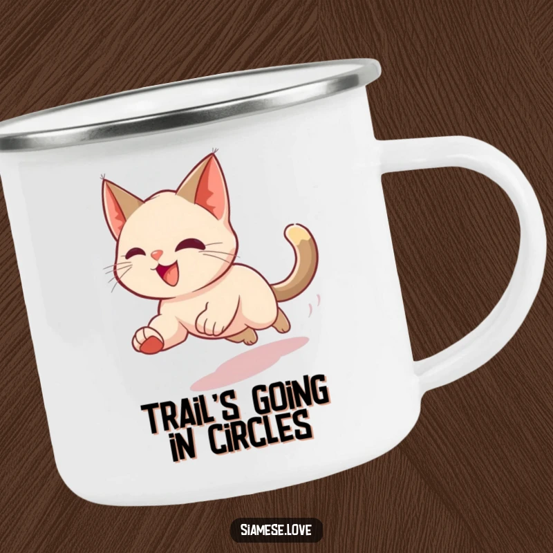 Funny camping mug featuring a cheerful Siamese cat in a motion blur chasing its tail, designed for outdoor enthusiasts with a sense of humor.