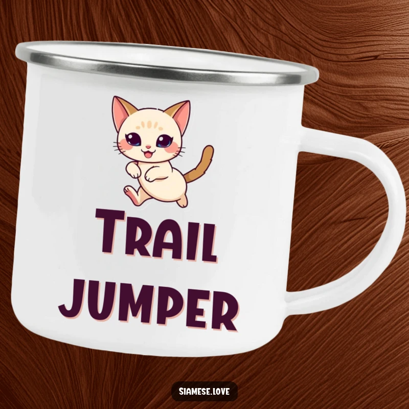 Funny Siamese Cat Camping Mug: A graceful Siamese cat in mid-leap, ready for adventure with a look of delight.