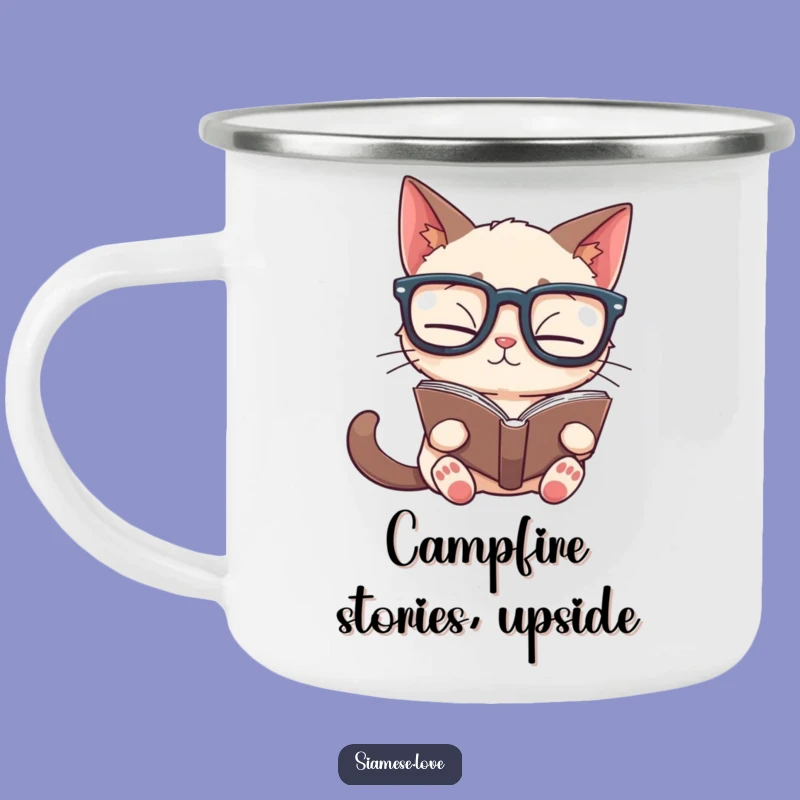 Funny Siamese Cat Upside Down Book Camping Mug - Literary Campfire Humor Gift!