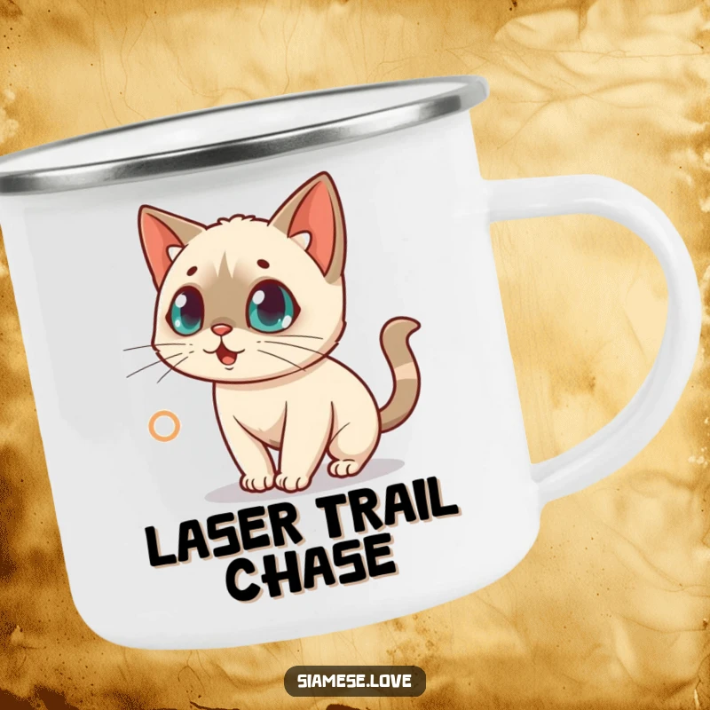 Funny camping mug showcasing a surprised kawaii Siamese cat chasing a red laser dot, perfect for outdoor fun.