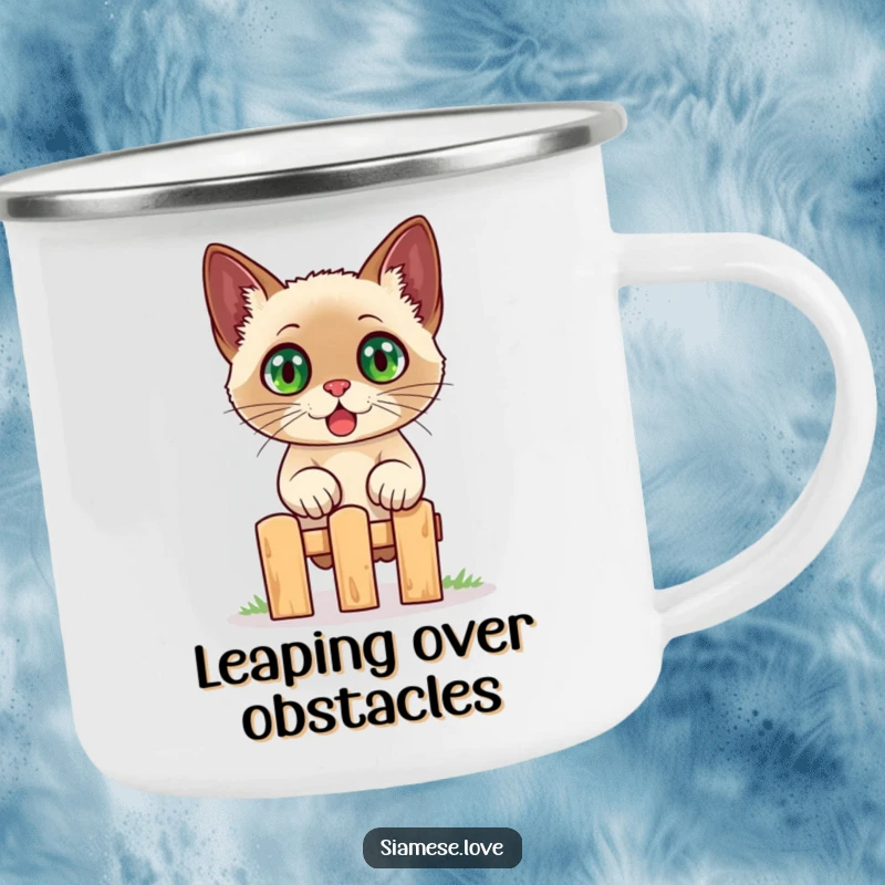 Funny Siamese cat camping mug, a startled cat with wide eyes leaping over a small fence, embodying outdoor fun.