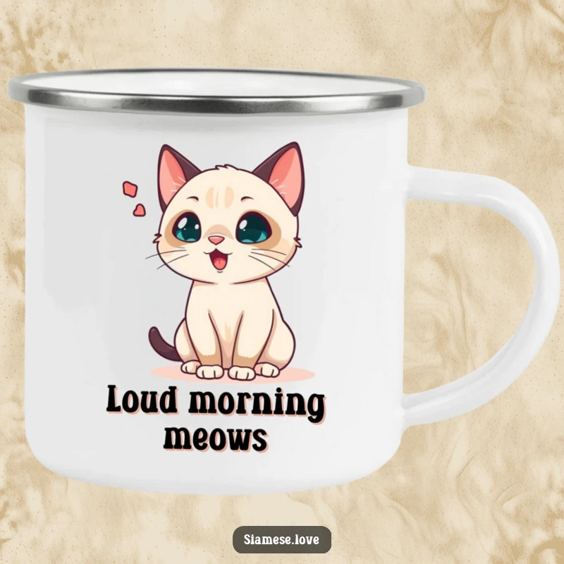 Funny Siamese cat camping mug showing a chattering cat with a large sound wave bubble, perfect for outdoor use and cat enthusiasts.