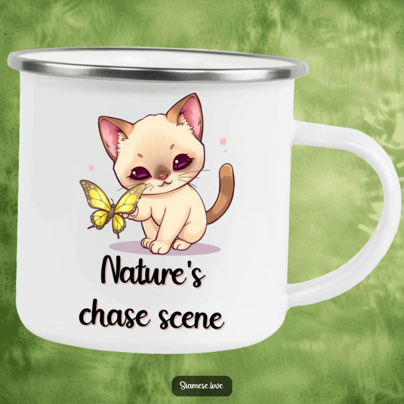 Funny Kawaii Siamese Cat Camping Mug: Sturdy mug featuring a cat playfully pouncing on a shimmering butterfly.