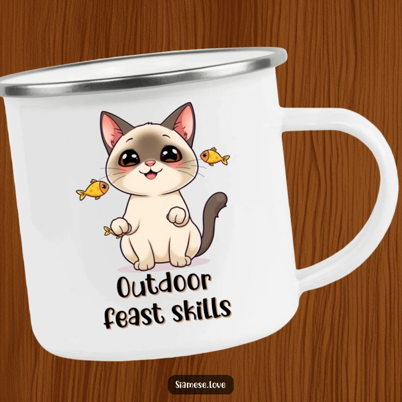 Funny Camping Mug: A cheerful Siamese cat juggling three fish, bringing a touch of playful absurdity to the outdoors.