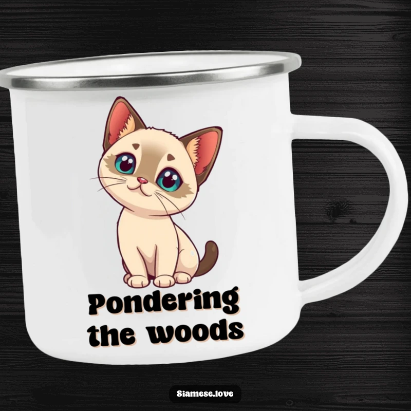 Funny kawaii Siamese cat tilting its head with intrigue on a camping mug, ready for thoughtful adventures.