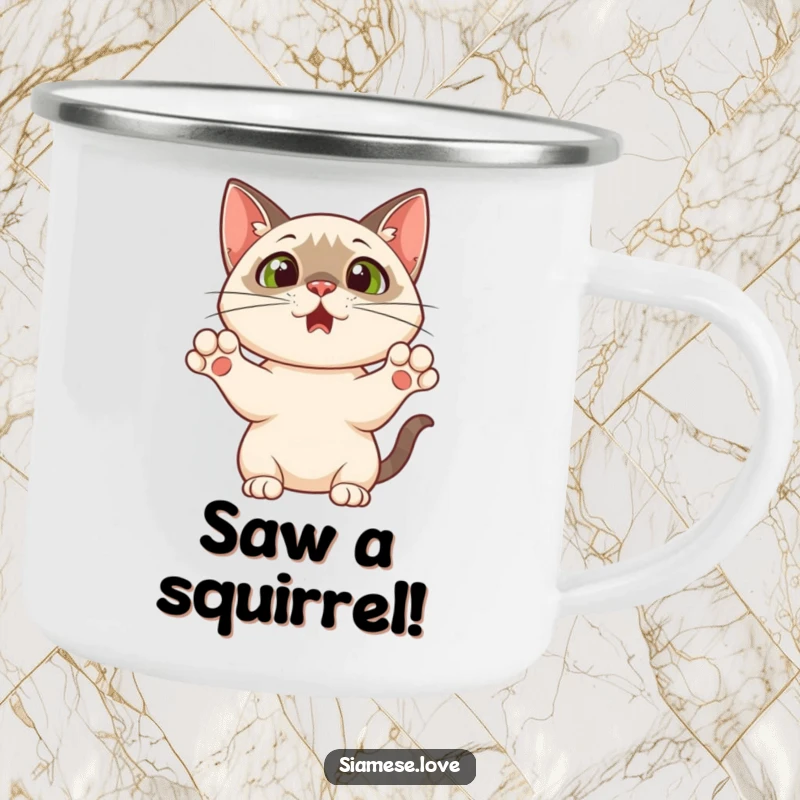 Funny camping mug featuring a Siamese cat with paws up in a surprised, comical pose, designed for outdoor enthusiasts with a sense of humor.
