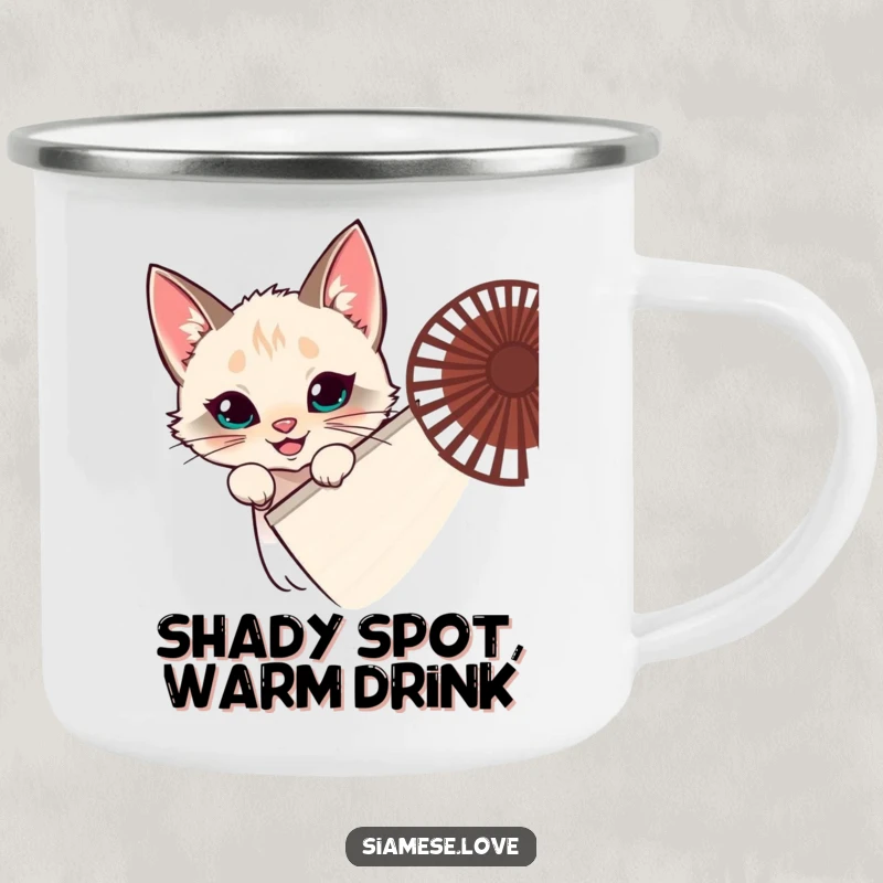 Funny Siamese cat camping mug, feline hiding behind a fan, peeking with a grin, outdoor mischief, great funny gift.