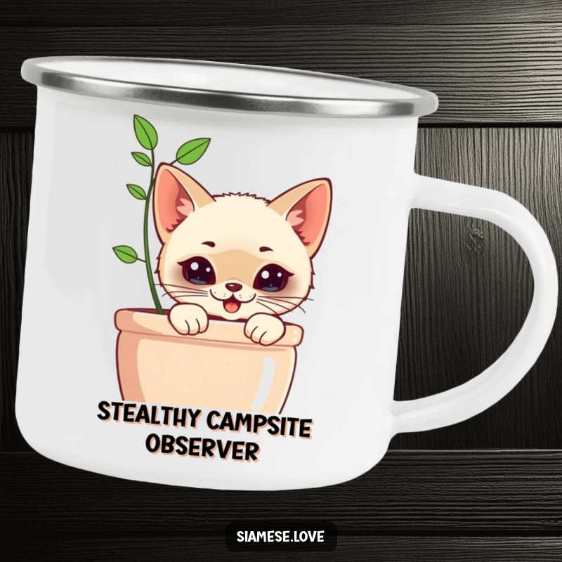 Funny Kawaii Siamese Cat Camping Mug: Sturdy mug featuring a cat with a mischievous grin peeking from behind a planter.