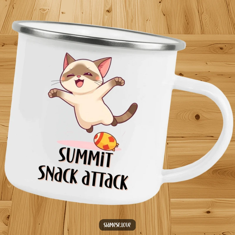Funny kawaii Siamese cat camping mug, leaping joyfully towards a toy, designed for outdoor fun and playful moments.