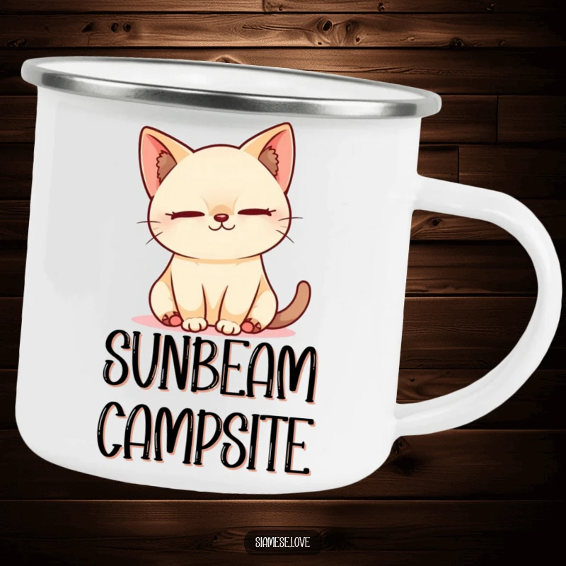 Funny Kawaii Siamese cat napping in a sunbeam on an enamel camping mug, perfect for relaxed outdoor enjoyment.