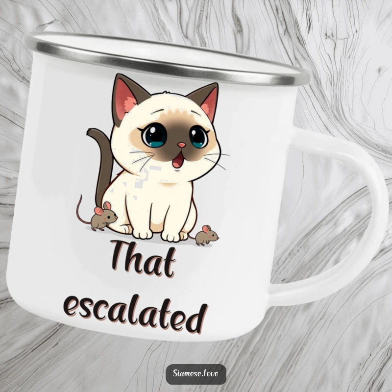 Funny Kawaii Siamese cat camping mug depicting a shocked cat watching a mouse scurry away, a perfect funny gift.