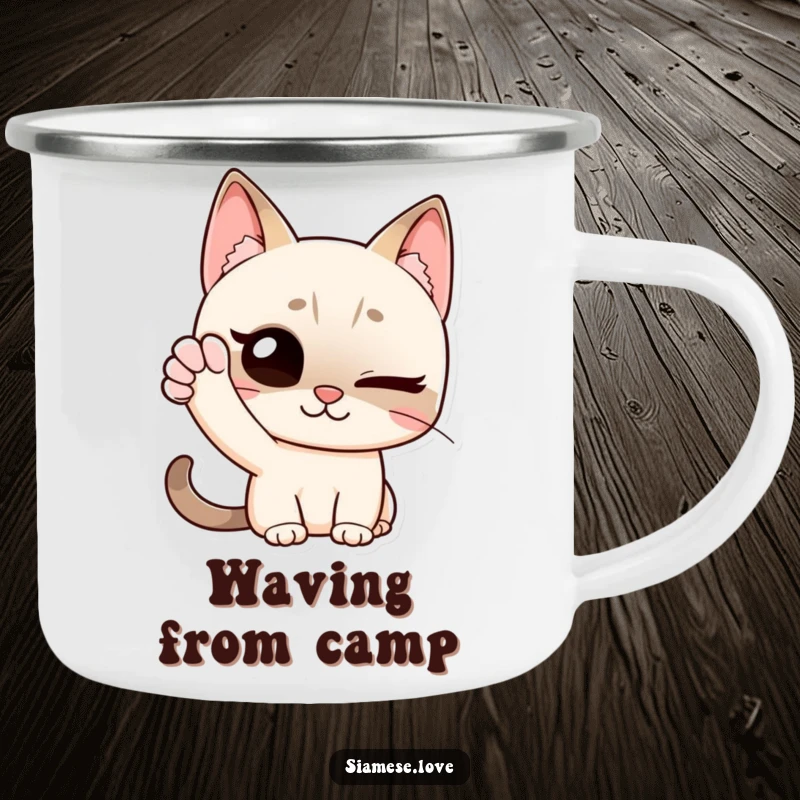 Funny camping mug featuring a Siamese cat winking and waving with its paw, designed for outdoor enthusiasts who appreciate a playful greeting.