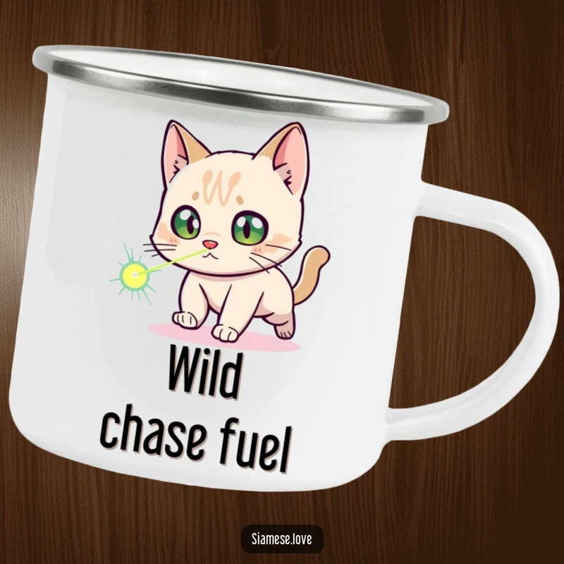 Funny Siamese Cat Camping Mug: A startled Siamese cat character chasing a laser dot, perfect for outdoor humor enthusiasts.