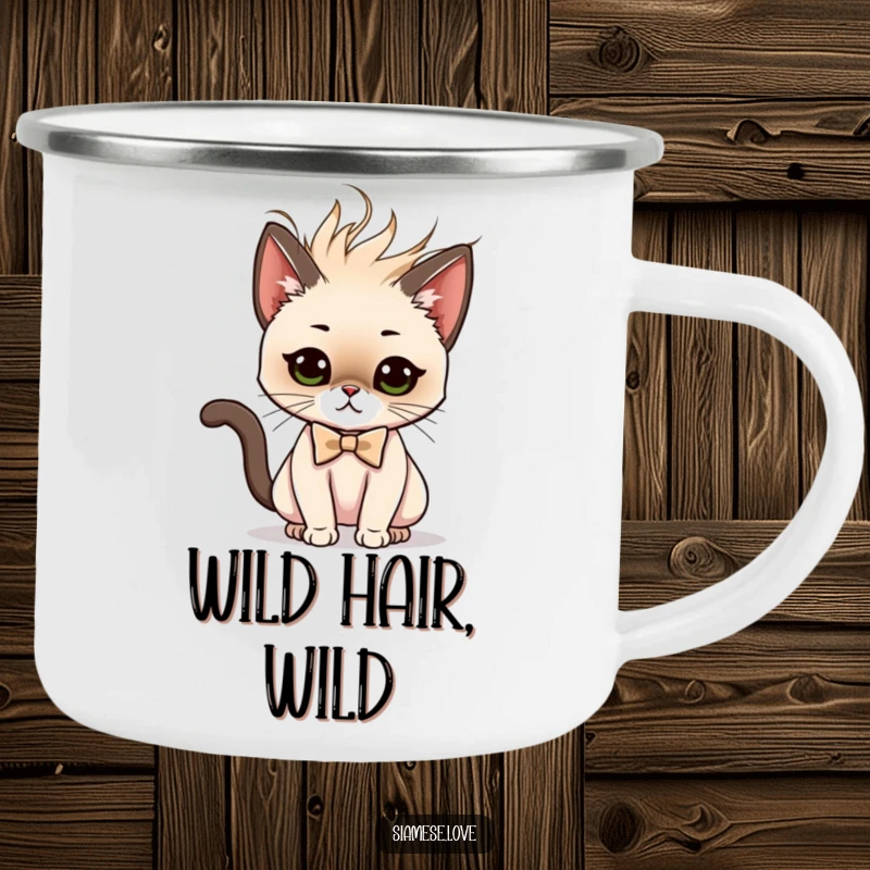 Funny camping mug depicting a Siamese cat character in a bow tie doing a dramatic and sassy hair flip, ready for adventure.