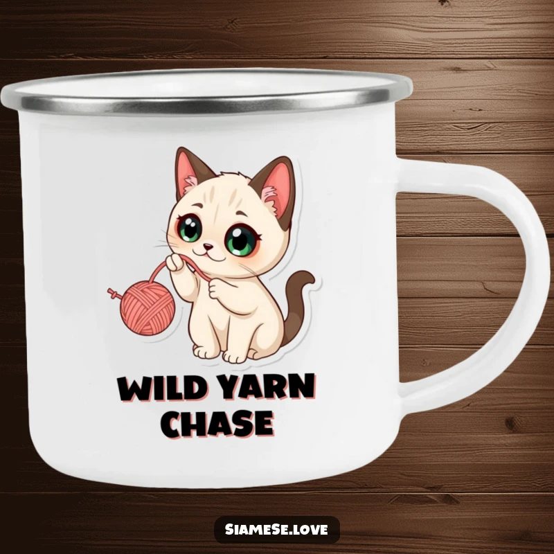 Funny Kawaii Siamese Cat Camping Mug: Rugged mug featuring a cat with wide eyes batting at a dangling yarn ball.