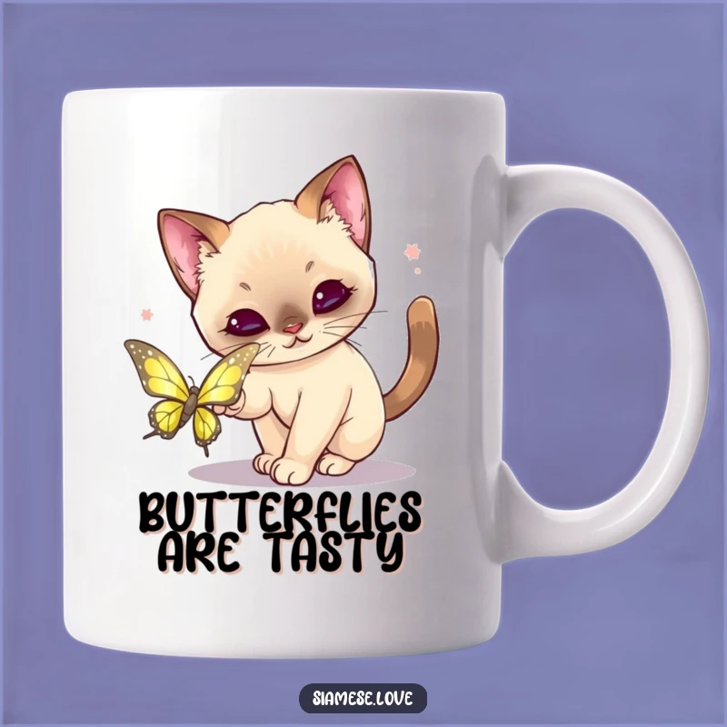 Funny Kawaii Siamese Cat Butterfly Mug: Playful Hunt Humor, Perfect Funny Gift