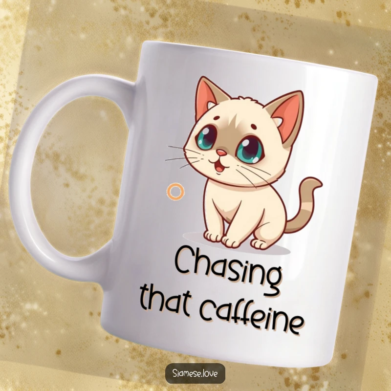 Funny kawaii Siamese cat mug, a surprised kitten frantically chasing a red laser dot with wide, focused eyes.