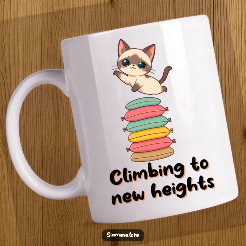 Funny mug depicting a Siamese cat elegantly leaping onto a tall stack of colorful cushions. A graceful and humorous scene.