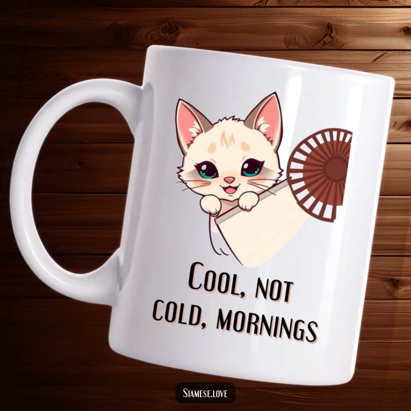 Funny Siamese cat mug, feline hiding behind a giant fan, peeking with a mischievous grin, playful prankster, great funny gift.