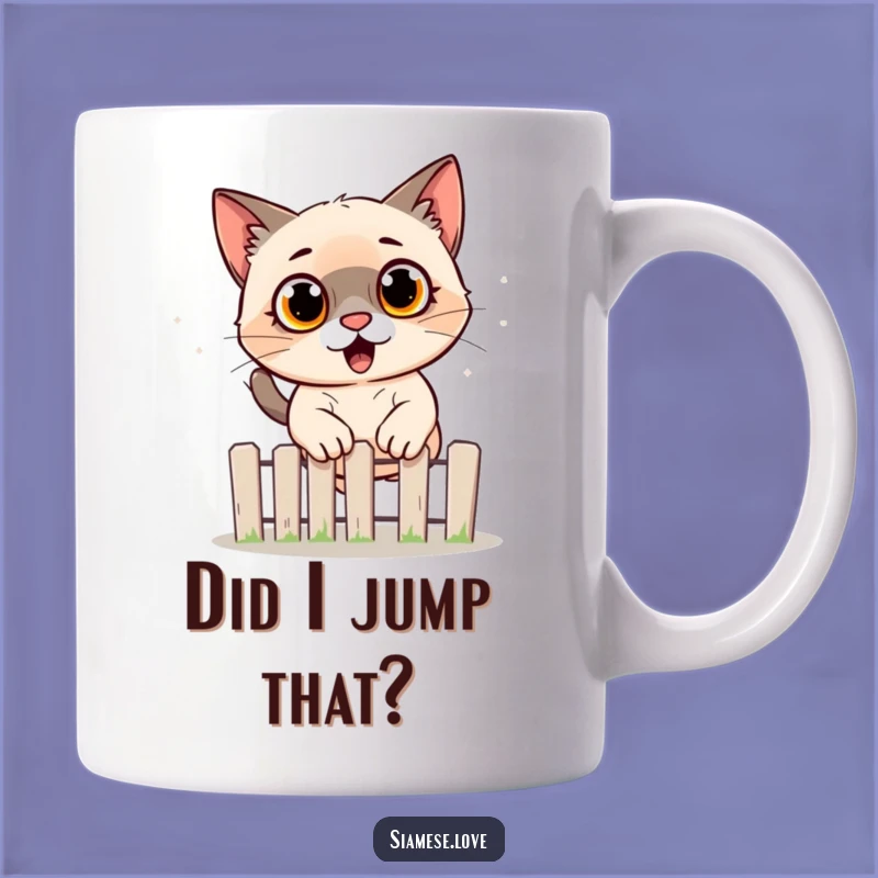 Funny Surprised Siamese Cat Jumping Fence Mug - Perfect Gift for Cat Lovers!