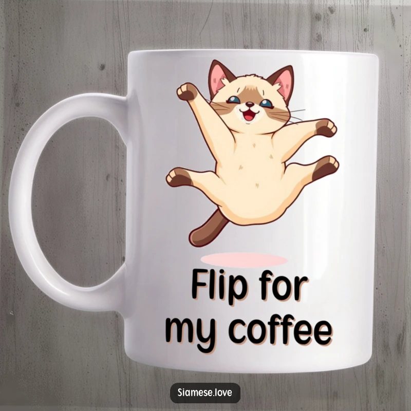 Funny Kawaii Siamese cat doing a playful somersault mid-air with excitement, depicted on a dynamic ceramic mug.