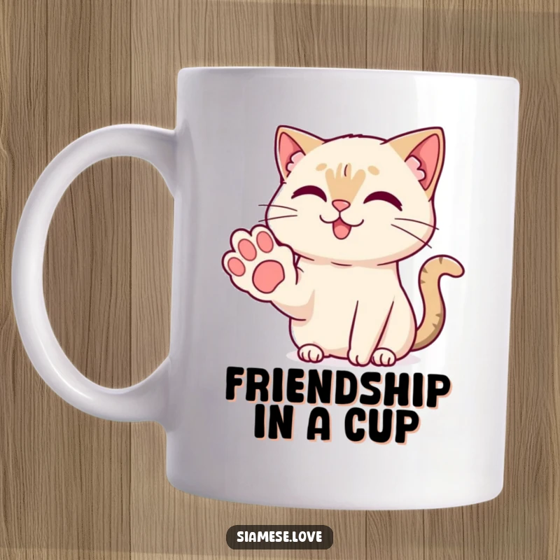 Funny Kawaii Siamese cat offering a friendly paw with a sweet smile, depicted on a cheerful ceramic mug.