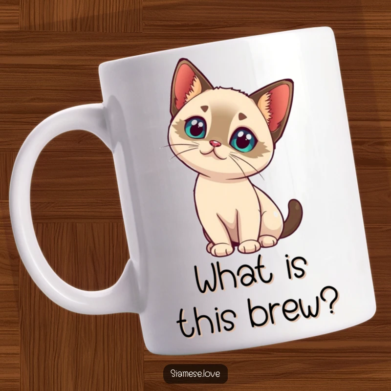 Funny kawaii Siamese cat tilting its head with intrigue on a mug, embodying gentle curiosity.