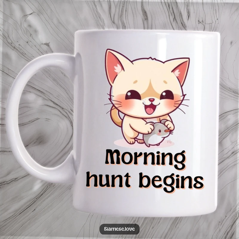 Funny kawaii Siamese cat gleefully pouncing on a tiny mouse toy on a mug, capturing joyful energy.