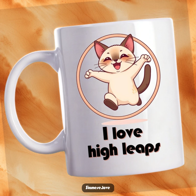 Funny mug featuring a cheerful Siamese cat joyfully leaping through a hoop with energetic grace and a happy expression.