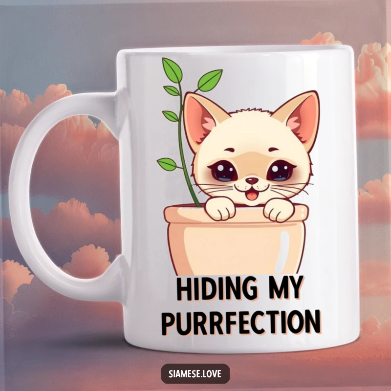 Funny Kawaii Siamese Cat Mug: Cute cat with a mischievous grin peeking from behind a potted plant.