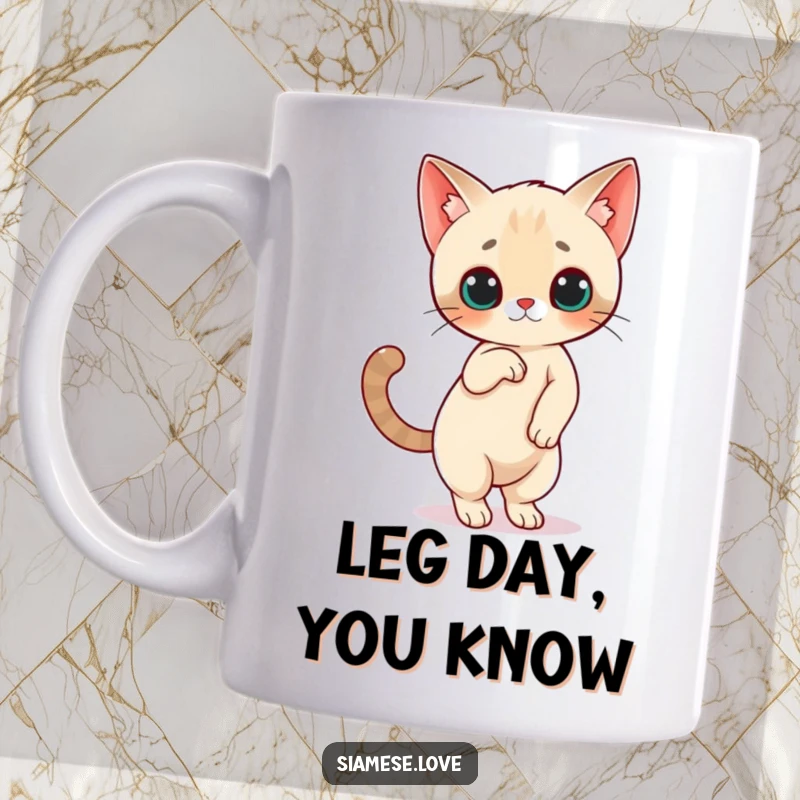 Funny Siamese Cat Mug: A little Siamese cat character balances on its hind legs with its tail held high, a funny and charming pose.