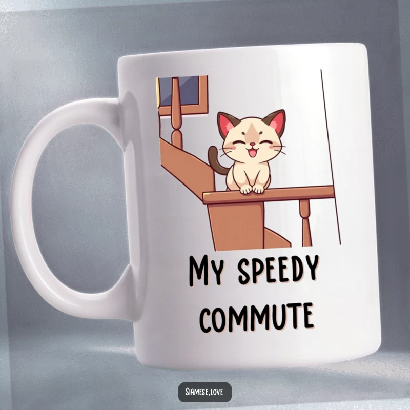 Funny mug depicting a stylized Siamese cat playfully sliding down a banister with a joyful expression, perfect for a humorous gift.