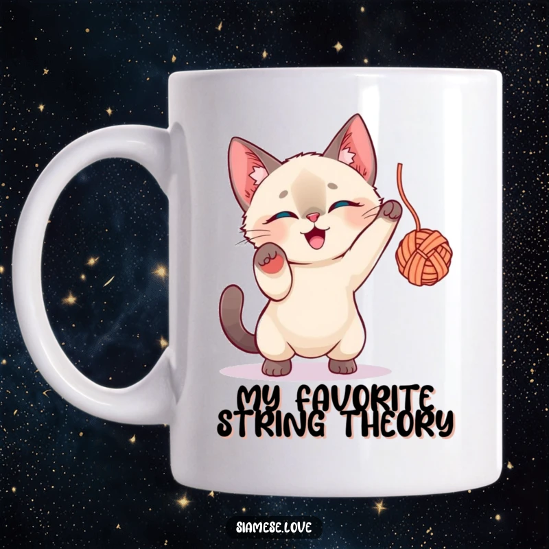 Funny Siamese Cat Mug: Enthusiastic kitten playing with yarn, showing playful energy and a love for mischief.