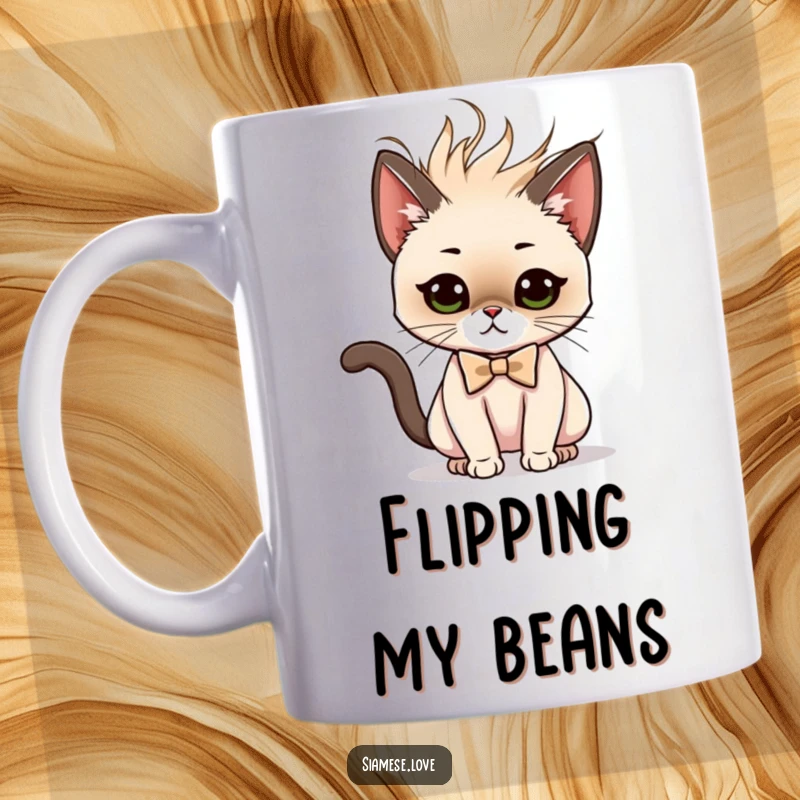 Funny mug with a Siamese cat character in a bow tie executing a fabulous, dramatic hair flip with sass.