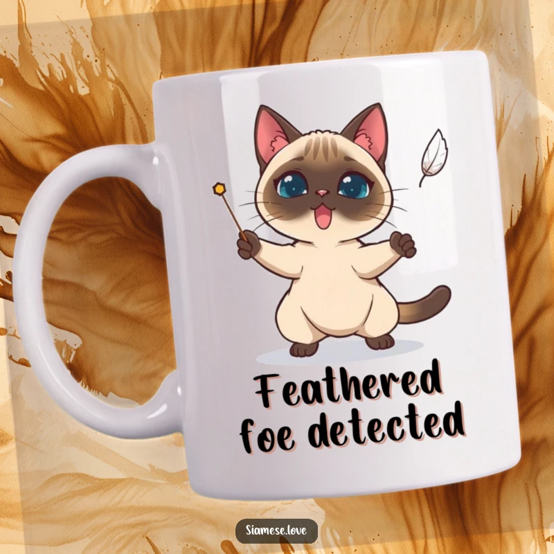Funny Siamese cat determinedly attempting to catch a falling feather on this focused mug.