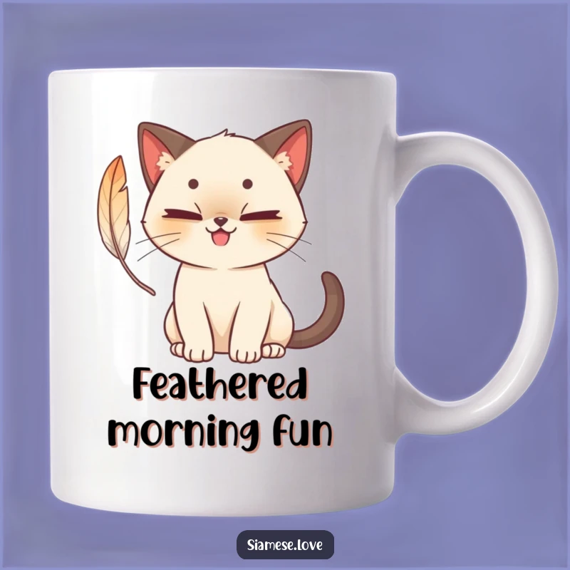 Funny Siamese Cat Feather Play Mug - Mischievous & Cute Cartoon Gift