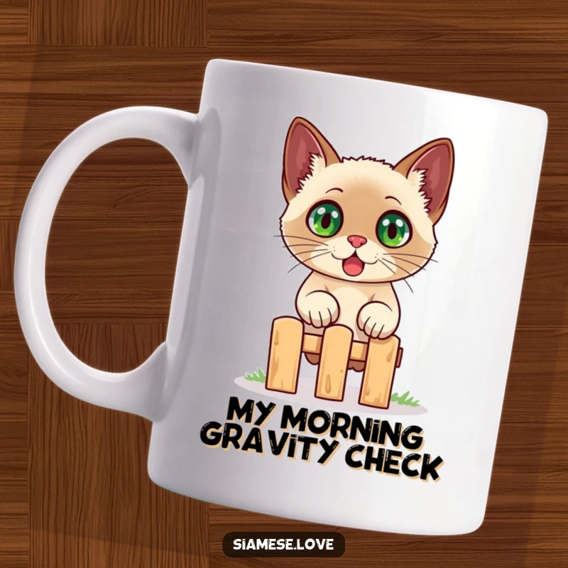 Funny Siamese cat mug, surprised with wide eyes, leaping dynamically over a small fence, showcasing a humorous moment of feline acrobatics.