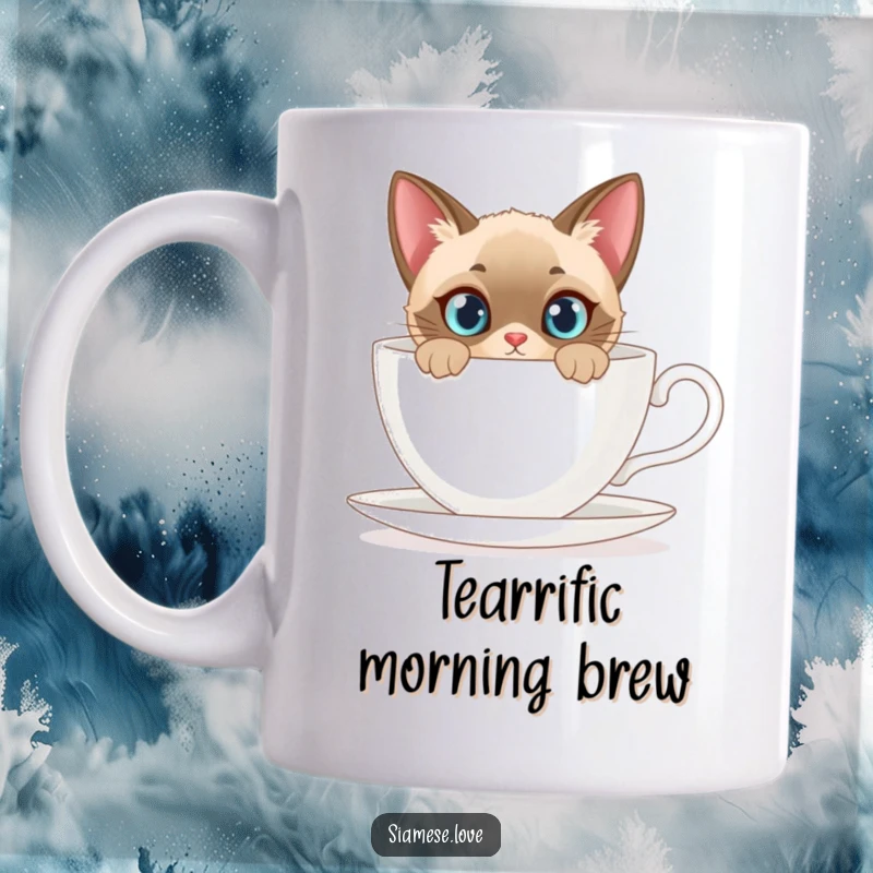 Funny mug with a curious Siamese cat's face peeking from behind a giant teacup, showcasing feline inquisitiveness.