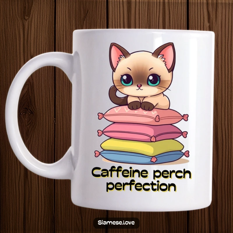 Funny mug showing a Siamese cat delicately perching atop a vibrant stack of colorful cushions, embodying feline poise.