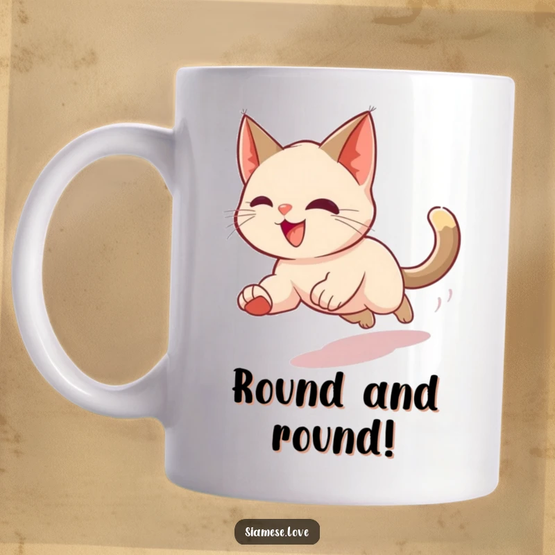 Funny mug featuring a cheerful Siamese cat spinning in a blur while chasing its tail, conveying pure, unadulterated feline joy and playfulness.