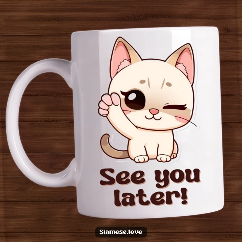 Funny mug featuring a Siamese cat winking charmingly with one paw raised in a friendly waving gesture, conveying a playful hello.
